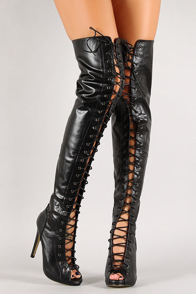 Thigh High Heels Stiletto Peep Toe Booties Open Toe Thigh High