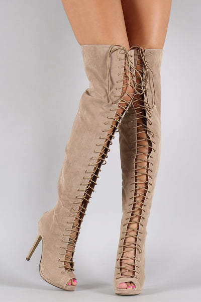 Liliana Peep Toe Lace Up Stiletto Thigh High Boot Chanty s Boutique