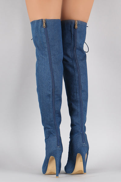 Women's Denim Over-the-Knee Boots - Pointed Toe, Chunky 9cm Heel, Fashion Knee High Boots For Dresses & Jeans - View #4