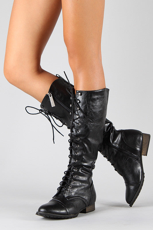 Breckelle Round Toe Lace Up Combat Knee High Boot Chanty s Boutique