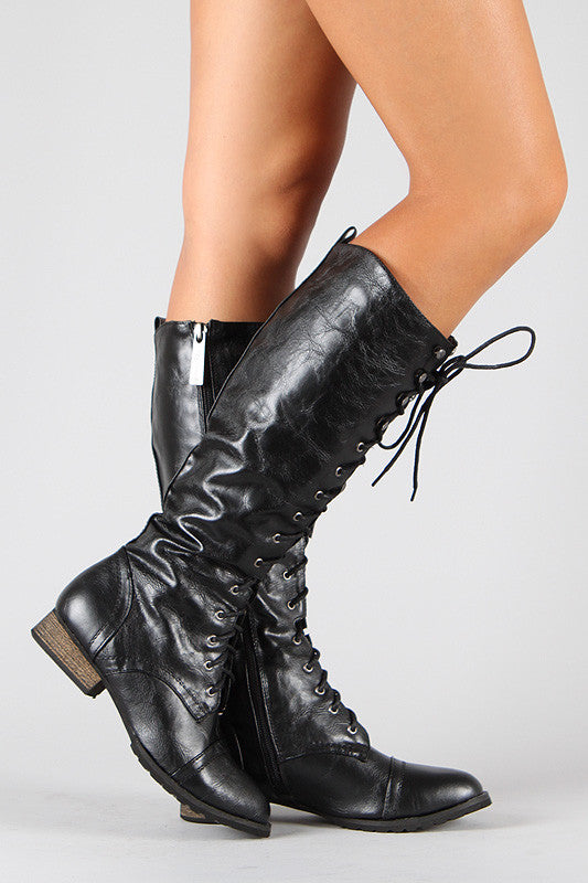 Breckelle Round Toe Lace Up Combat Knee High Boot Chanty s Boutique