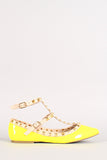 Neon Patent Pyramid Studded T-Strap Flat