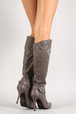 Anne Michelle Rhinestone Emblem Pointy Toe Knee High Boot