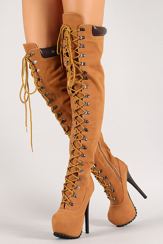 Almond Toe Lace Up Thigh High Stiletto Platform Boot Chanty s