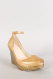 Bamboo Metallic Glitter Jelly Peep Toe Ankle Strap Wedge