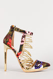 Liliana Camouflage Elastic Strappy Pointy Toe Heel