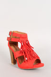 Qupid Suede Double Buckle Fringe Cut Out Chunky Heel