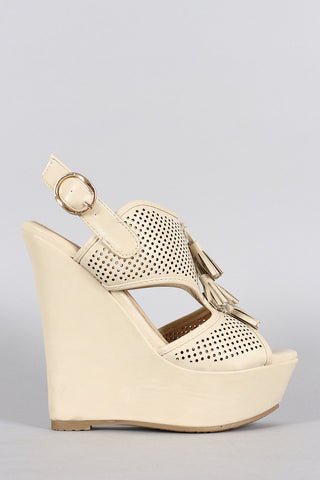 Tassel Perforated Slingback Platform Wedge