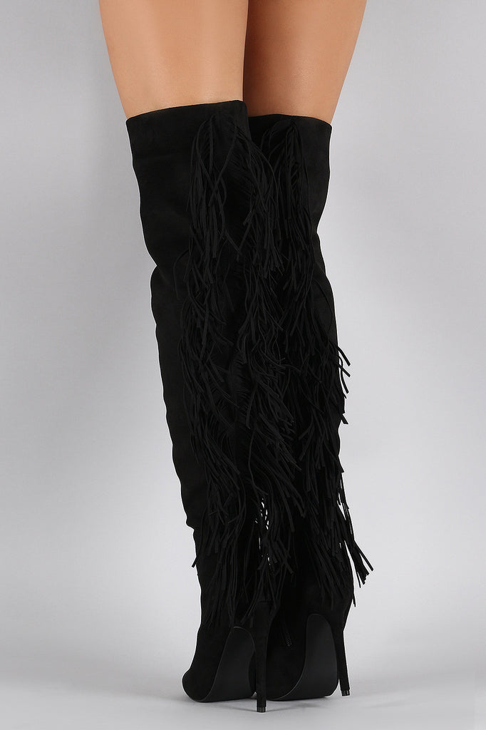 Privileged Suede Fringe Peep Toe Stiletto Thigh High Boot Chanty s Boutique