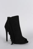 Qupid Suede Side Fringe Peep Toe Stiletto Booties