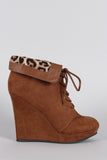 Qupid Suede Leopard Collar Round Toe Lace Up Wedge Booties