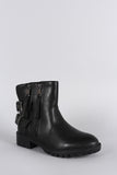 Qupid Burnished Double Zipper Buckle Round Toe Ankle Boots