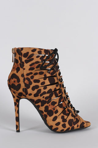 Anne Michelle Leopard Slit Lace Up Peep Toe Bootie