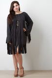 Bohemian Suede Long Sleeve Fringe Accents Mini Dress