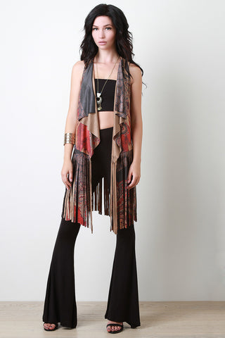 Paisley Draping Fringe Suede Vest