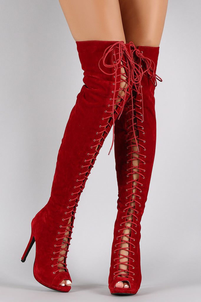 Leilani - Red Closed Toe Lace Up Over The Knee Stiletto Boot - Burju Shoes