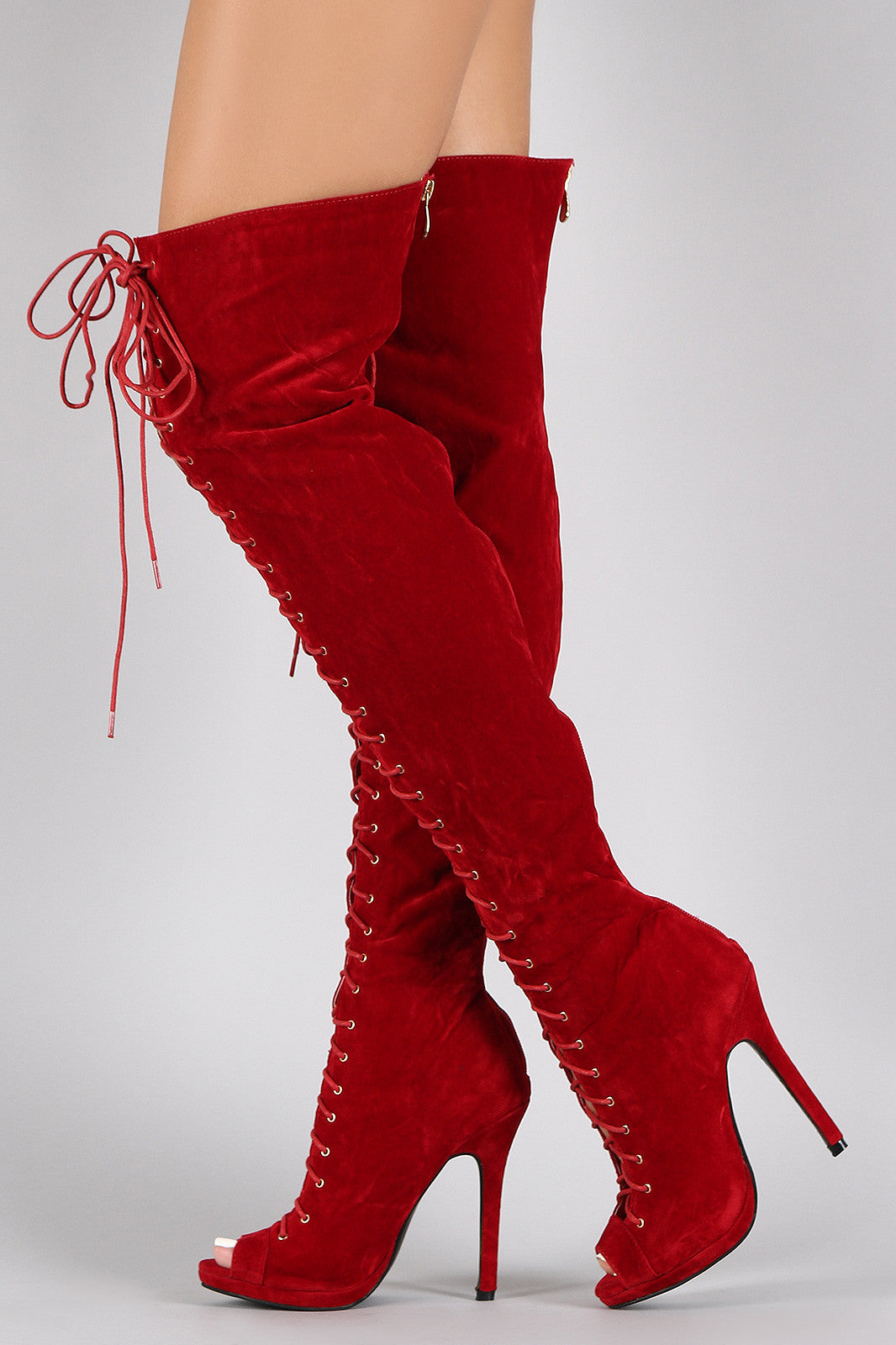 Red peep toe thigh high boots shop