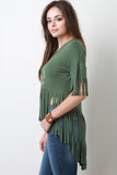 Boho Necklace Fringe Cut High Low Short Sleeves Tee