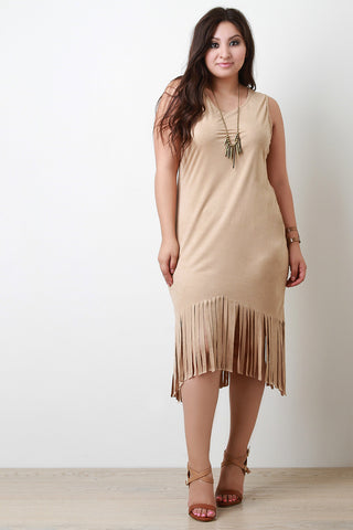 Suede High-Low Fringe Midi Dress