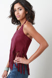 Suede Fringe Open Back Halter Sleeveless Top