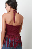 Suede Fringe Open Back Halter Sleeveless Top