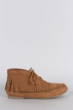 Bamboo Suede Round Toe Fringe Lace Up Moccasin Flat Booties