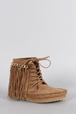 Bamboo Suede Link Chain Fringe Lace Up Moccasin Flat Booties