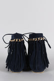 Bamboo Suede Link Chain Fringe Lace Up Moccasin Flat Booties