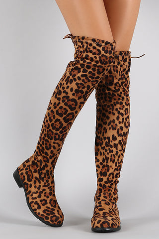 Bamboo Leopard Faux Suede Tied Flat Thigh High Boot