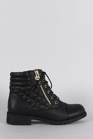 Quilted Zipper Trim Round Toe Lace Up Combat Ankle Boots