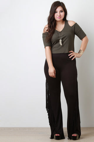 Jersey Knit Side Fringe Flared Bottom Pants