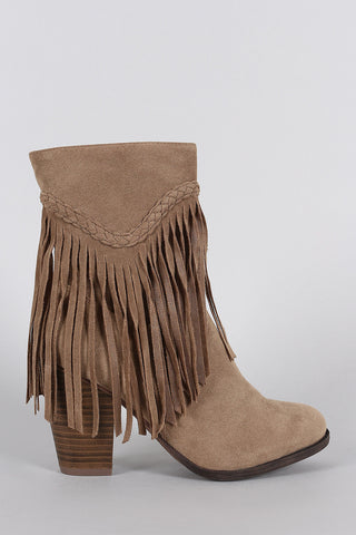 Breckelle Suede Braided Fringe Heeled Ankle Boots