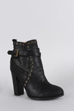 Qupid Distressed Strappy Stitched Thick Heeled Ankle Boots