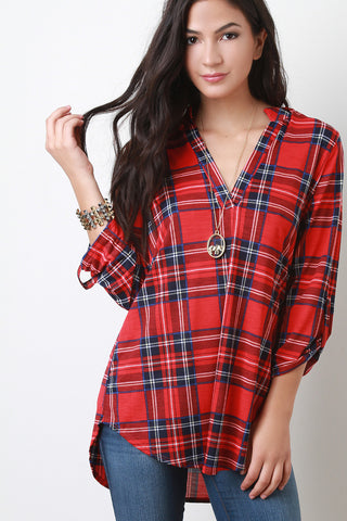 Plaid Split V-Neck Long Sleeves Top