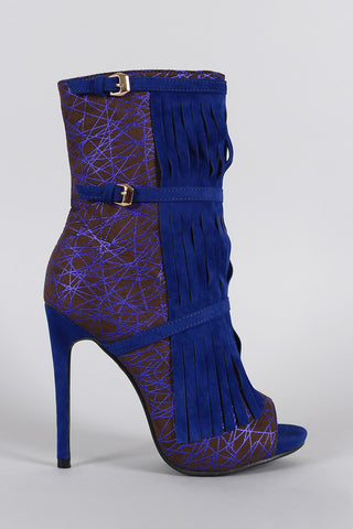 Geometric Print Buckle Fringe Peep Toe Stiletto Mid Calf Boots