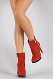 Suede Zipper Trim Almond Toe Heeled Booties