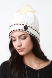 Button And Fur Pom Pom Ridged Knit Beanie