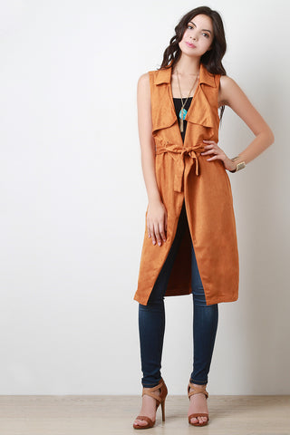 Suede Shawl Sleeveless Longline Vest