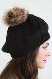 Fur Pom Pom Cable Knit Beret