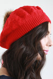 Fur Pom Pom Cable Knit Beret