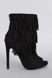 Delicious Suede Triple Layered Fringe Peep Toe Stiletto Booties