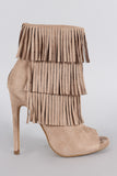 Delicious Suede Triple Layered Fringe Peep Toe Stiletto Booties