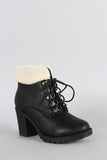 Faux Shearling Cuff Lace Up Heeled Ankle Boots