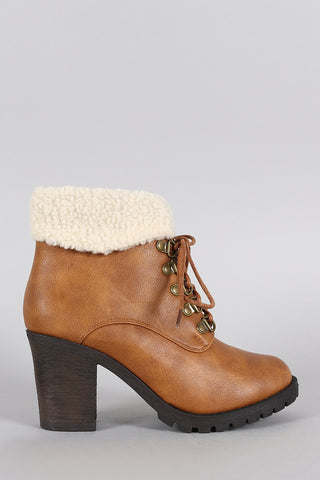 Faux Shearling Cuff Lace Up Heeled Ankle Boots