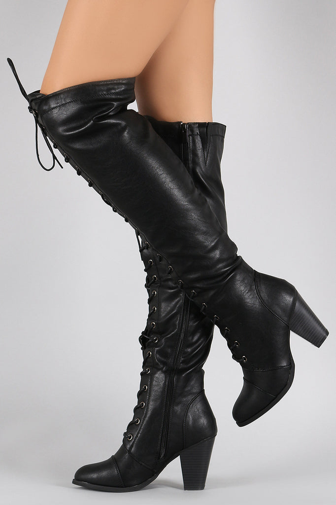 Almond Toe Lace Up Stacked Heeled Over The Knee Boots Chanty s