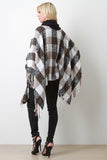 Plaid Contrast Turtleneck Fringe Poncho