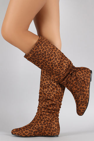 Leopard Print Round Toe Slouchy Flat Boots