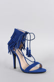 Suede Layered Fringe Lace Up Open Toe Heel