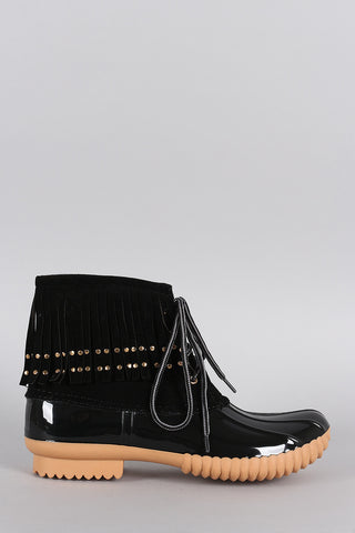 Studded Fringe Cuff Lace Up Duck Ankle Boots