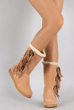 Liliana Suede Fur Trim Medallion Fringe Mid Calf Flat Boots